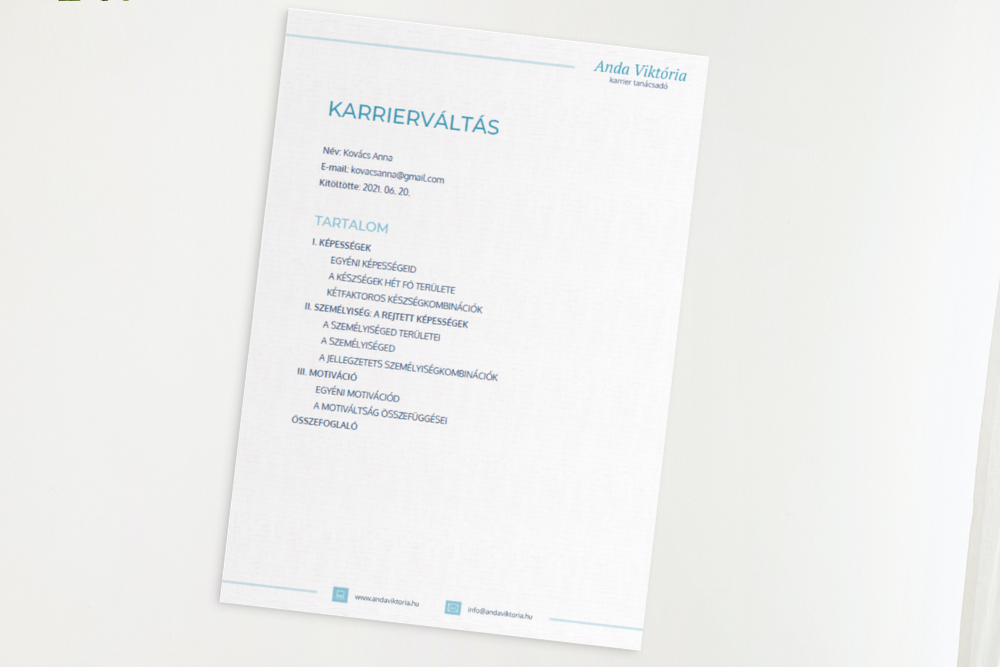 Pályaválasztási és karriertanácsadási teszteredmény példa - személyiségjegyek és készségek elemzése.